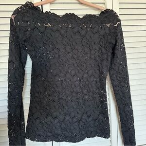 Sheer Black Lace Long Sleeve Top Floral Scalloped Neck Size S